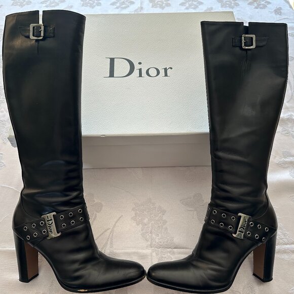 Dior Black Leather Knee High Boots with Metal Detail - Picture 1 of 11